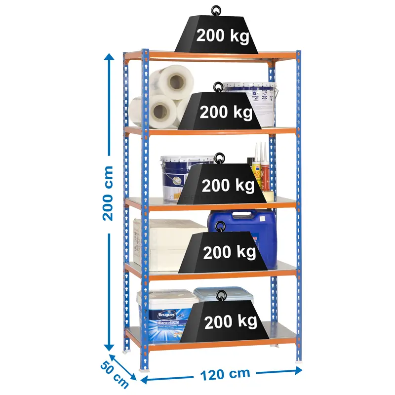 Estante Metálica SIMONCLICK MEGAPLUS 5/500 AZUL/Laranja/Galvanizado - 2000 x 1200 x 500 mm