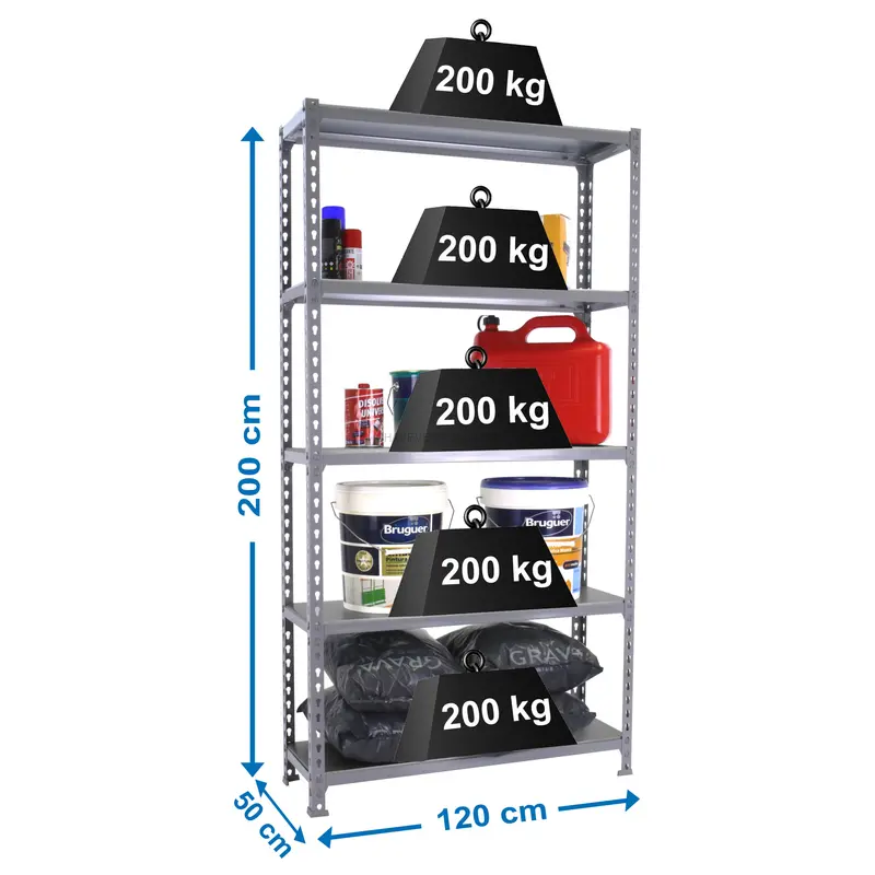 Estante Metálica SIMONCLICK MEGAPLUS 5/500 Cinzento/Cinzento - 2000 x 1200 x 500 mm
