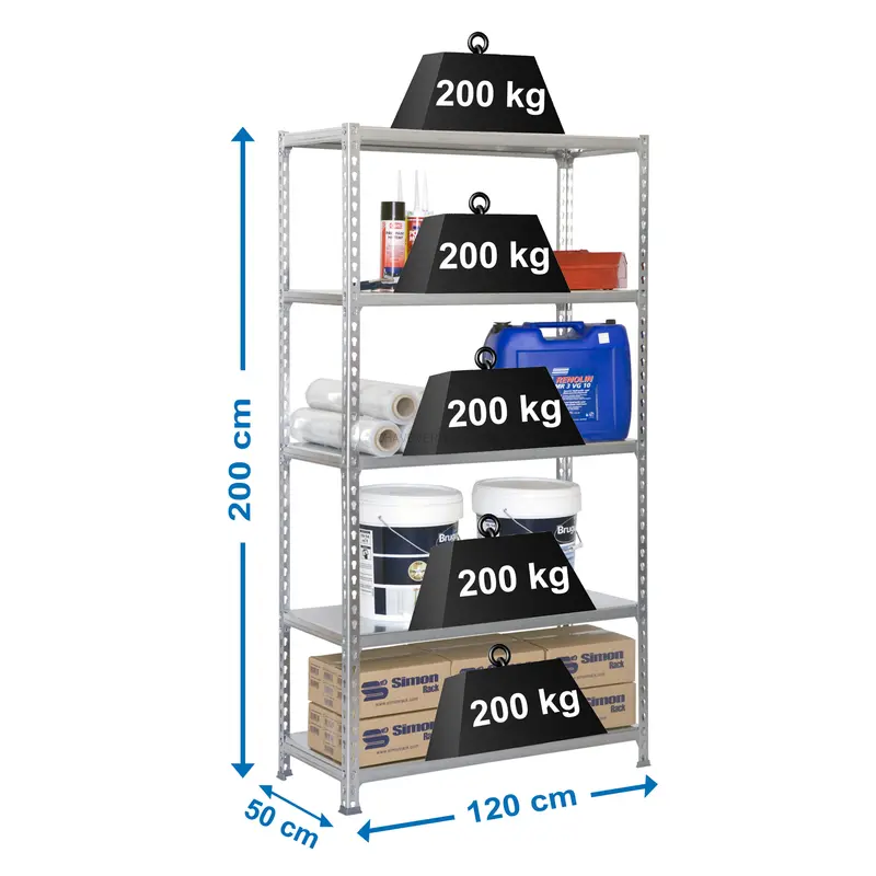 Estante Metálica SIMONCLICK MEGAPLUS 5/500 Galvanizado/Galvanizado - 2000 x 1200 x 500 mm