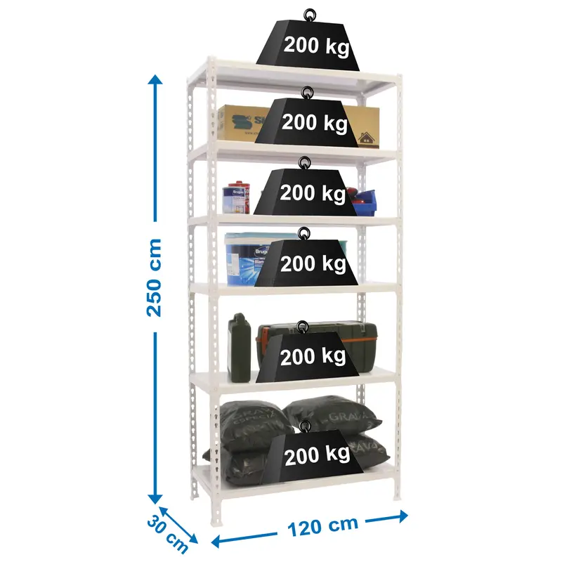 Estante Metálica SIMONCLICK MEGAPLUS 6/300 2500 Branco/Branco - 2500 x 1200 x 300 mm