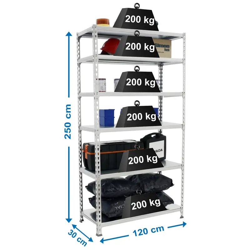 Estante Metálica SIMONCLICK MEGAPLUS 6/300 2500 Galvanizado/Galvanizado - 2500 x 1200 x 300 mm