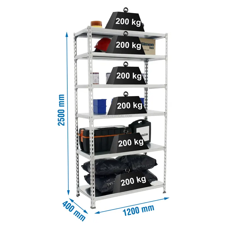 Estante Metálica SIMONCLICK MEGAPLUS 6/400 2500 Galvanizado/Galvanizado - 2500 x 1200 x 400 mm