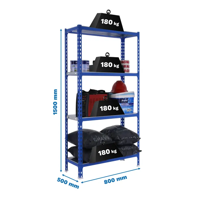 Estante Metálica SIMONCLICK MINI 4/500 1500 AZUL/Galvanizado - 1500 x 800 x 500 mm