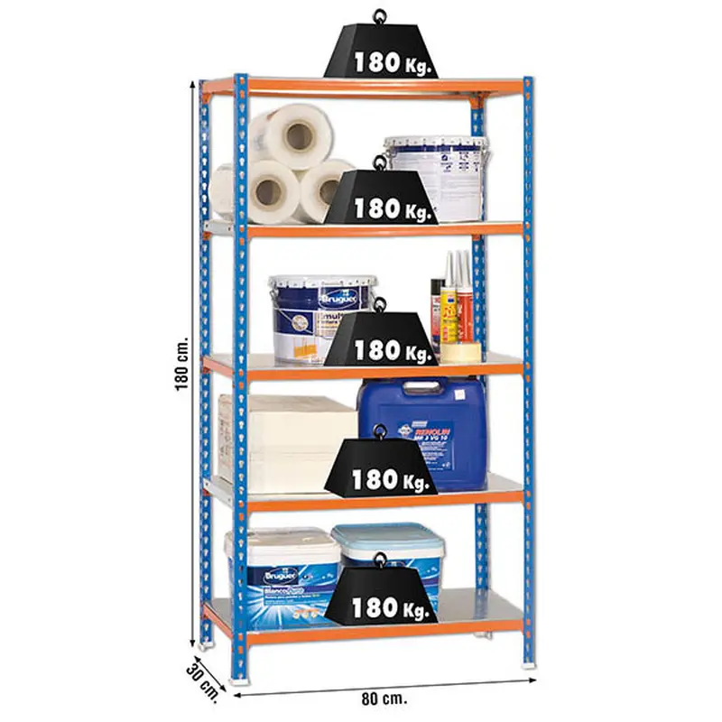 Estante Metálica SIMONCLICK MINI 5/300 AZUL/Laranja/Galvanizado - 1800 x 800 x 300 mm
