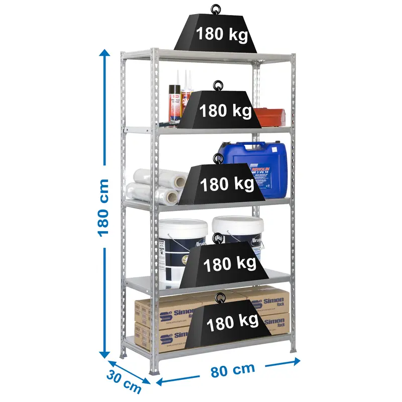 Estante Metálica SIMONCLICK MINI 5/300 Galvanizado/Galvanizado - 1800 x 800 x 300 mm