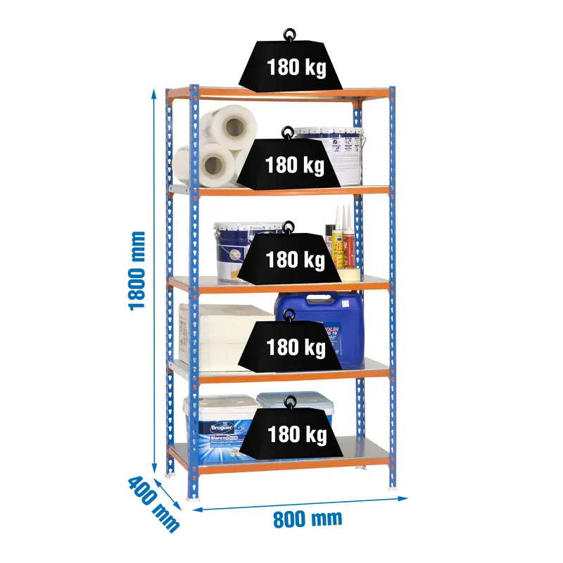 Estante Metálica SIMONCLICK MINI 5/400 AZUL/Laranja/Galvanizado - 1800 x 800 x 400 mm