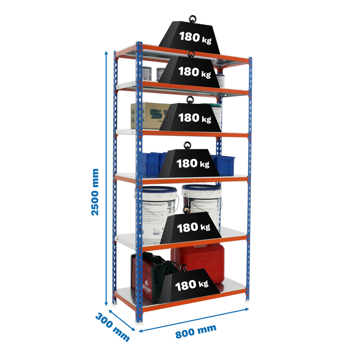Estante Metálica SIMONCLICK MINI 6/300 AZUL/Laranja/Galvanizado - 2500 x 800 x 300 mm