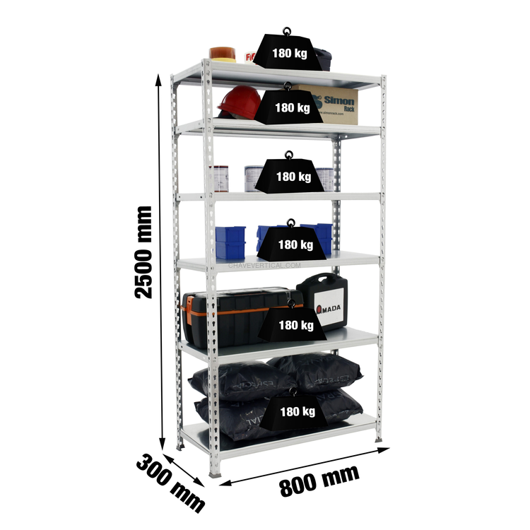 Estante Metálica SIMONCLICK MINI 6/300 Galvanizado/Galvanizado - 2500 x 800 x 300 mm