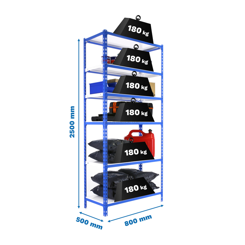 Estante Metálica SIMONCLICK MINI 6/500 AZUL/Branco - 2500 x 800 x 500 mm