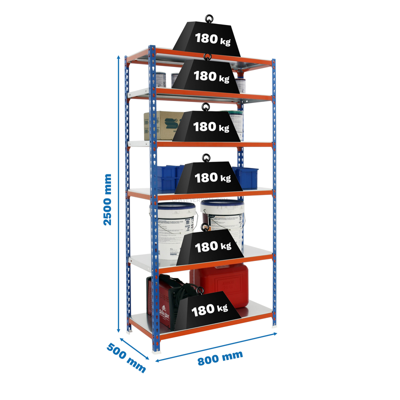 Estante Metálica SIMONCLICK MINI 6/500 AZUL/Laranja/Galvanizado - 2500 x 800 x 500 mm