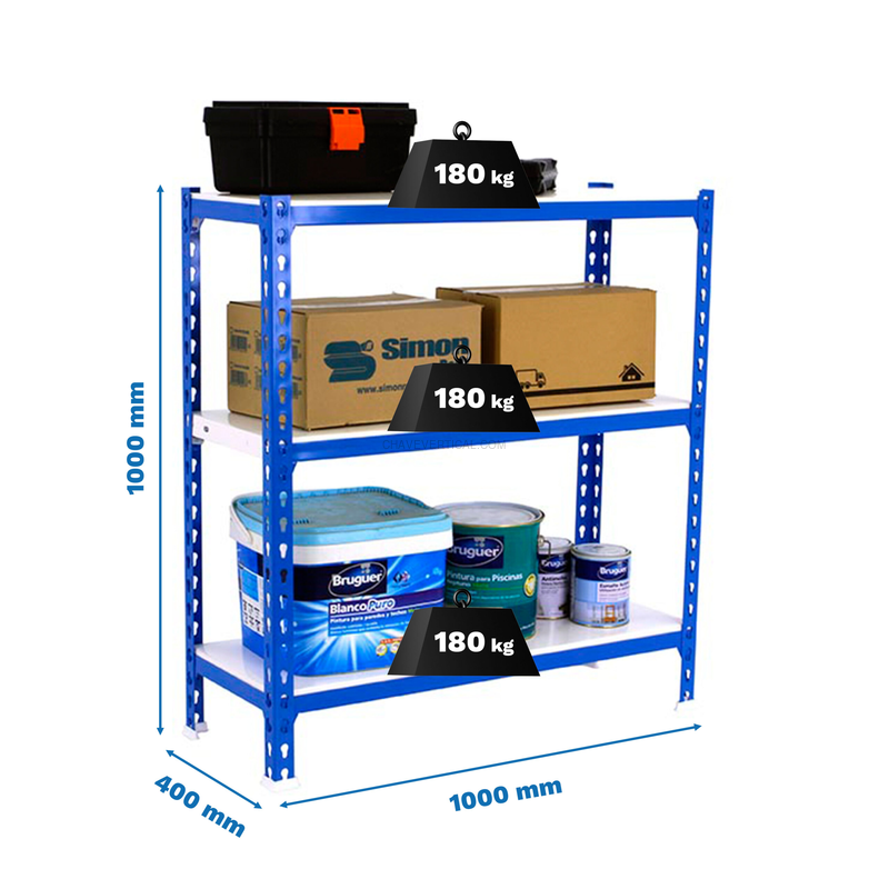 Estante Metálica SIMONCLICK PLUS 3/400 1000 AZUL/Branco - 1000 x 1000 x 400 mm
