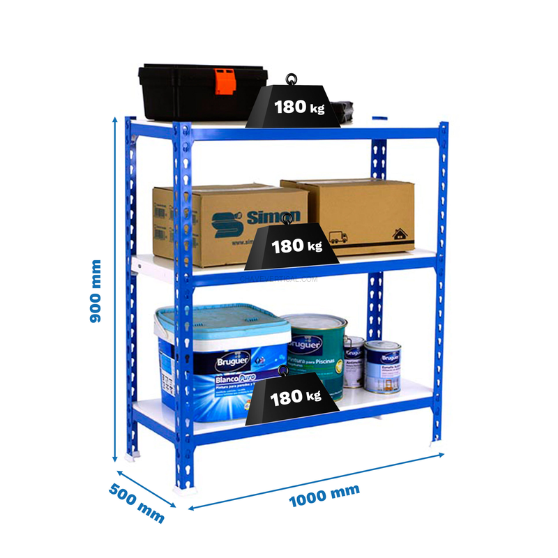 Estante Metálica SIMONCLICK PLUS 3/500 900 AZUL/Branco - 900 x 1000 x 500 mm