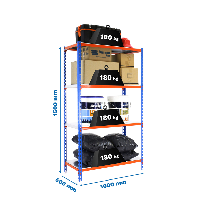 Estante Metálica SIMONCLICK PLUS 4/500 1500 AZUL/Laranja/Galvanizado - 1500 x 1000 x 500 mm