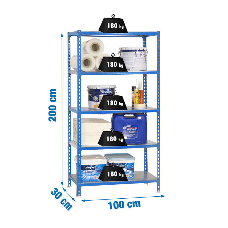 Estante Metálica SIMONCLICK PLUS 5/300 AZUL/Galvanizado - 2000 x 1000 x 300 mm