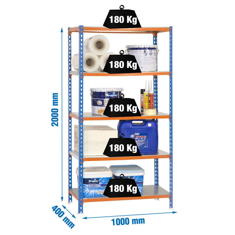 Estante Metálica SIMONCLICK PLUS 5/400 AZUL/Laranja/Galvanizado - 2000 x 1000 x 400 mm