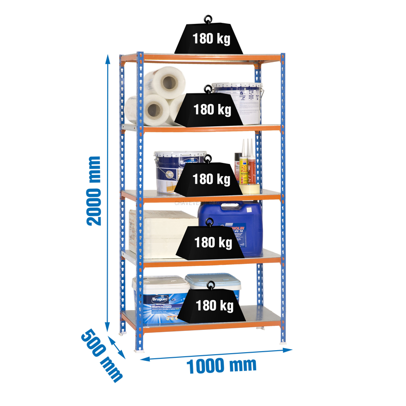Estante Metálica SIMONCLICK PLUS 5/500 AZUL/Laranja/Galvanizado - 2000 x 1000 x 500 mm