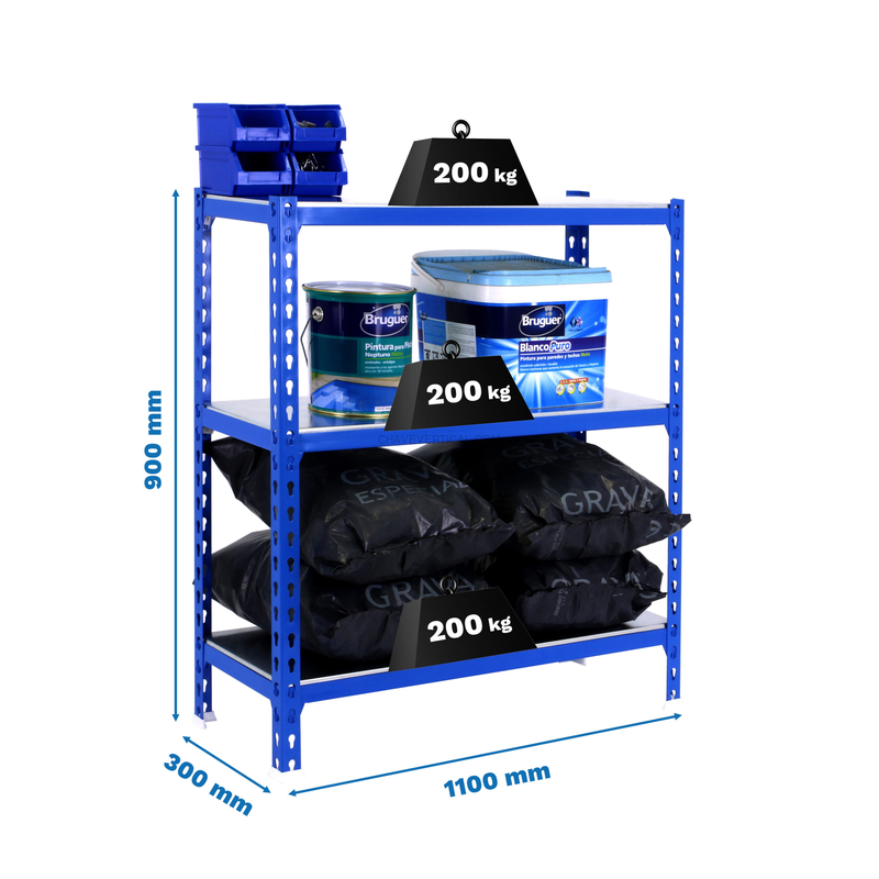 Estante Metálica SIMONCLICK SUPERPLUS 3/300 900 AZUL/Galvanizado - 900 x 1100 x 300 mm
