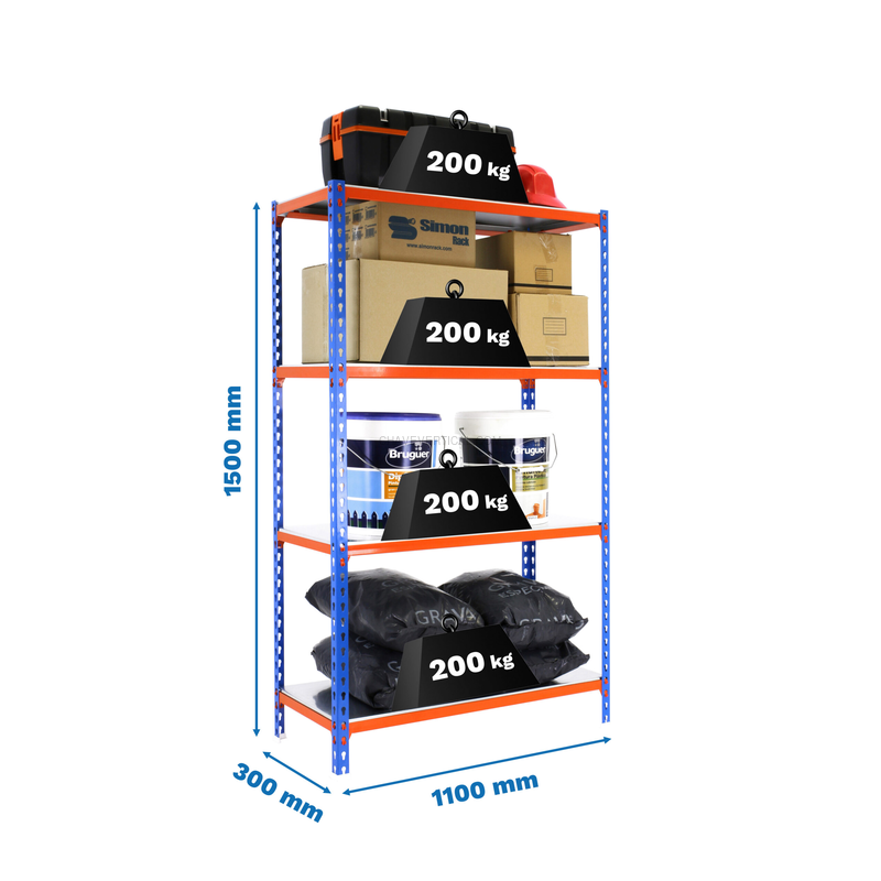 Estante Metálica SIMONCLICK SUPERPLUS 4/300 1500 AZUL/NARA/Galvanizado - 1500 x 1100 x 300 mm