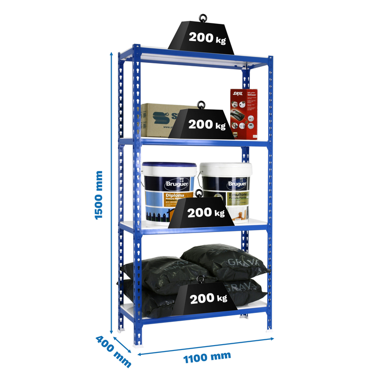 Estante Metálica SIMONCLICK SUPERPLUS 4/400 1500 AZUL/Branco - 1500 x 1100 x 400 mm