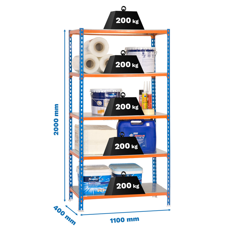 Estante Metálica SIMONCLICK SUPERPLUS 5/400 AZUL/Laranja/Galvanizado - 2000 x 1100 x 400 mm