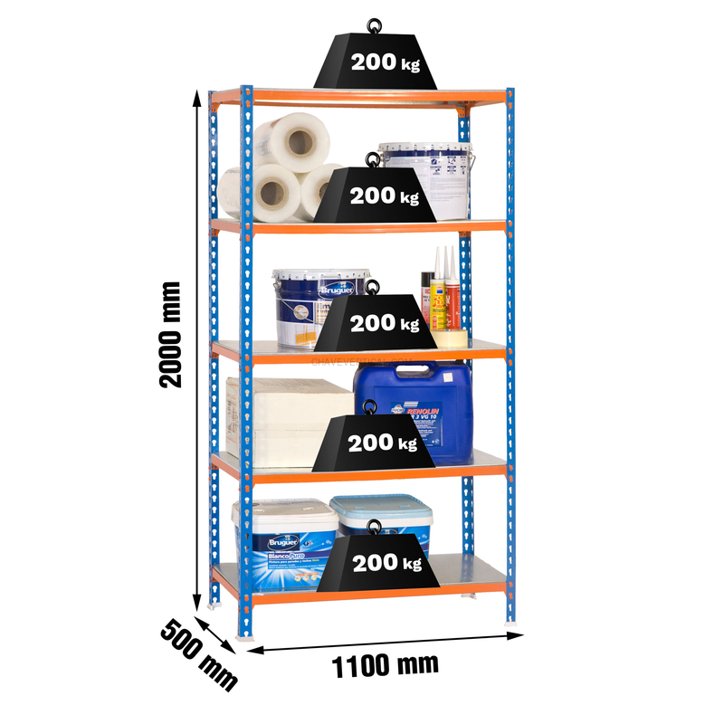 Estante Metálica SIMONCLICK SUPERPLUS 5/500 AZUL/Laranja/Galvanizado - 2000 x 1100 x 500 mm