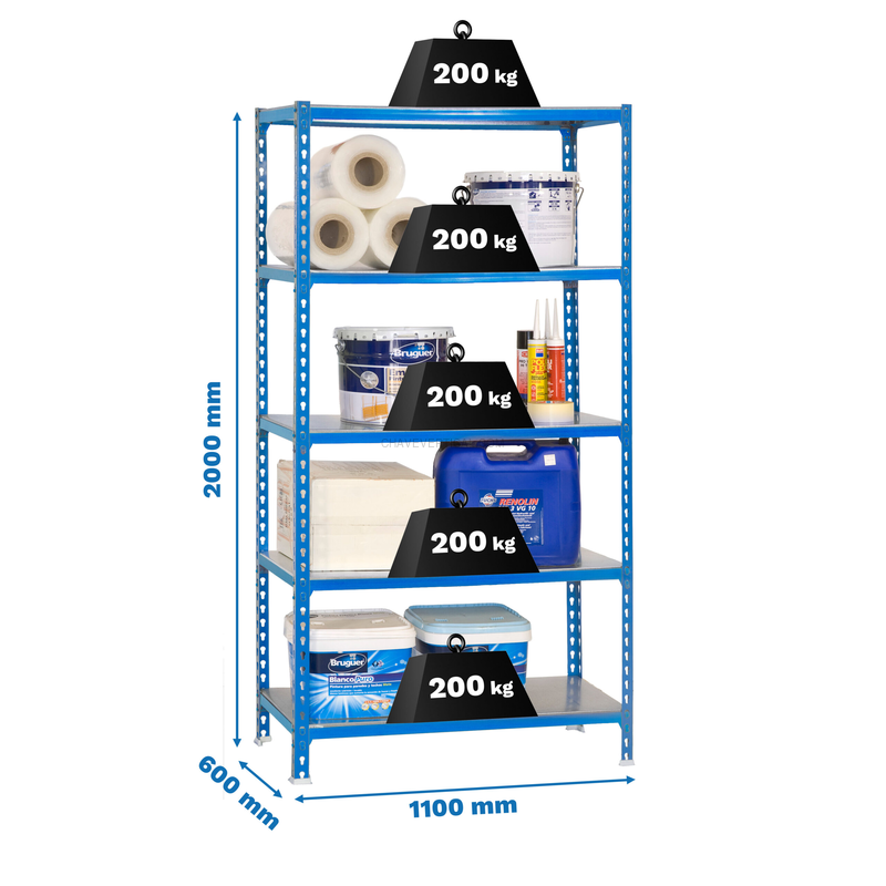 Estante Metálica SIMONCLICK SUPERPLUS 5/600 2000 AZUL/Galvanizado - 2000 x 1100 x 600 mm