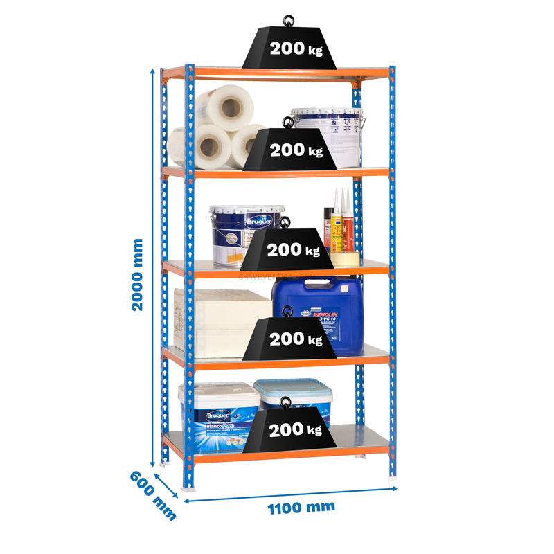 Estante Metálica SIMONCLICK SUPERPLUS 5/600 2000 Azul/Laranja/Galvanizado - 2000 x 1100 x 600 mm
