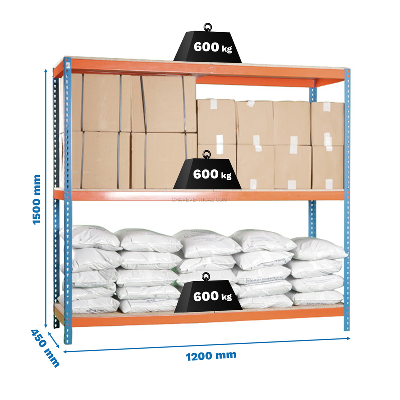 Estante Metálica SIMONFORTE 1204-3 Aglomerado 1500 Azul/Laranja/Madeira - 1500 x 1200 x 450 mm