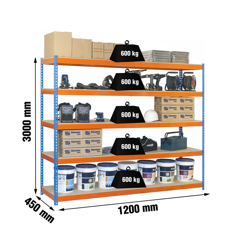 Estante Metálica SIMONFORTE 1204-5 Aglomerado 3000 Azul/Laranja/Madeira - 3000 x 1200 x 450 mm