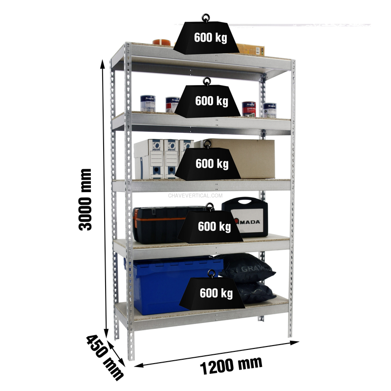 Estante Metálica SIMONFORTE 1204-5 Aglomerado 3000 Galvanizado/Madeira - 3000 x 1200 x 450 mm