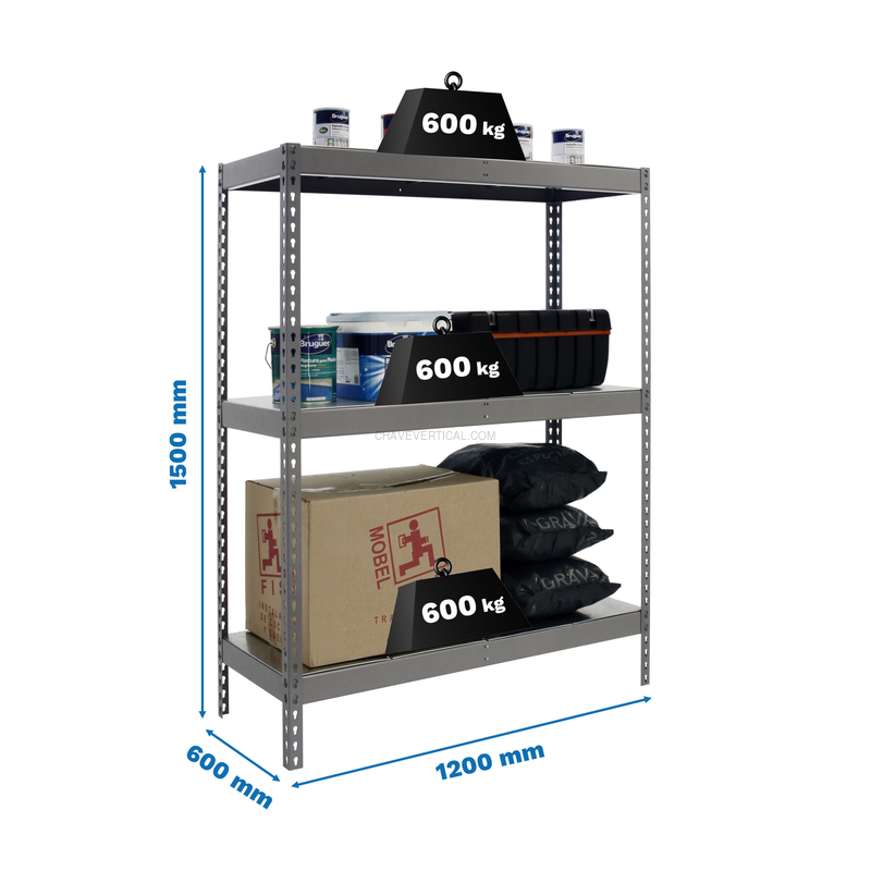 Estante Metálica SIMONFORTE 1206-3 METAL 1500 Cinzento/Galvanizado - 1500 x 1200 x 600 mm