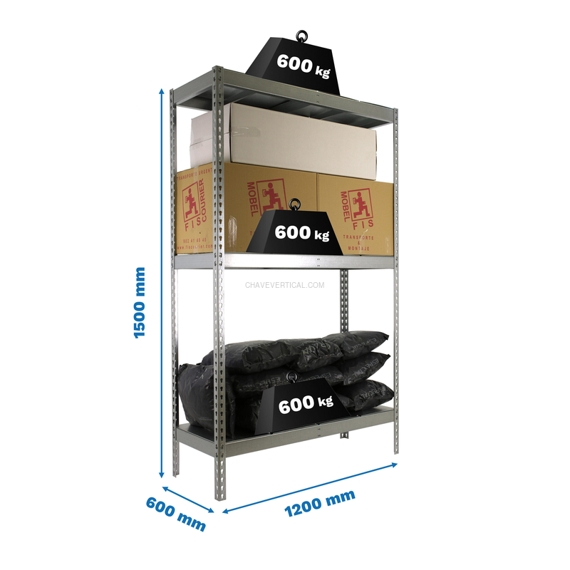 Estante Metálica SIMONFORTE 1206-3 METAL 1500 Galvanizado/Galvanizado - 1500 x 1200 x 600 mm