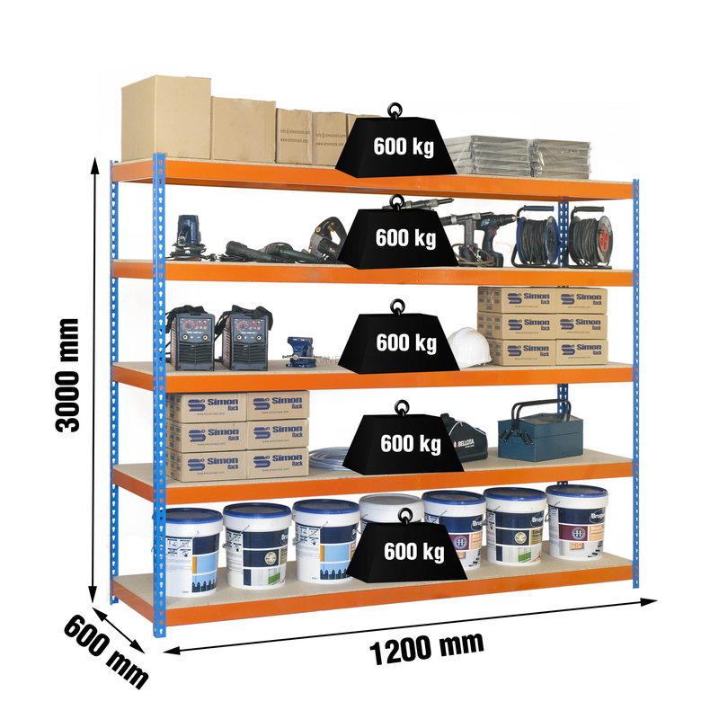 Estante Metálica SIMONFORTE 1206-5 Aglomerado 3000 Azul/Laranja/Madeira - 3000 x 1200 x 600 mm