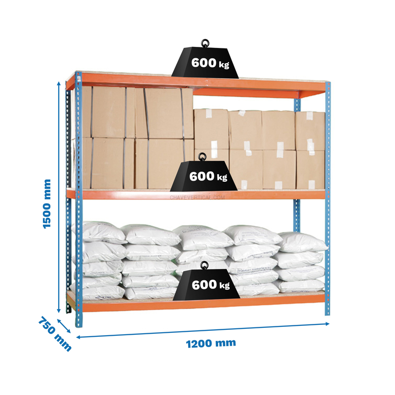 Estante Metálica SIMONFORTE 1207-3 Aglomerado 1500 Azul/Laranja/Madeira - 1500 x 1200 x 750 mm