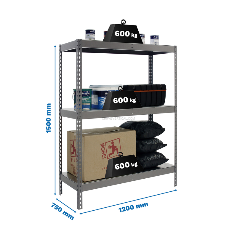 Estante Metálica SIMONFORTE 1207-3 METAL 1500 Cinzento/Galvanizado - 1500 x 1200 x 750 mm