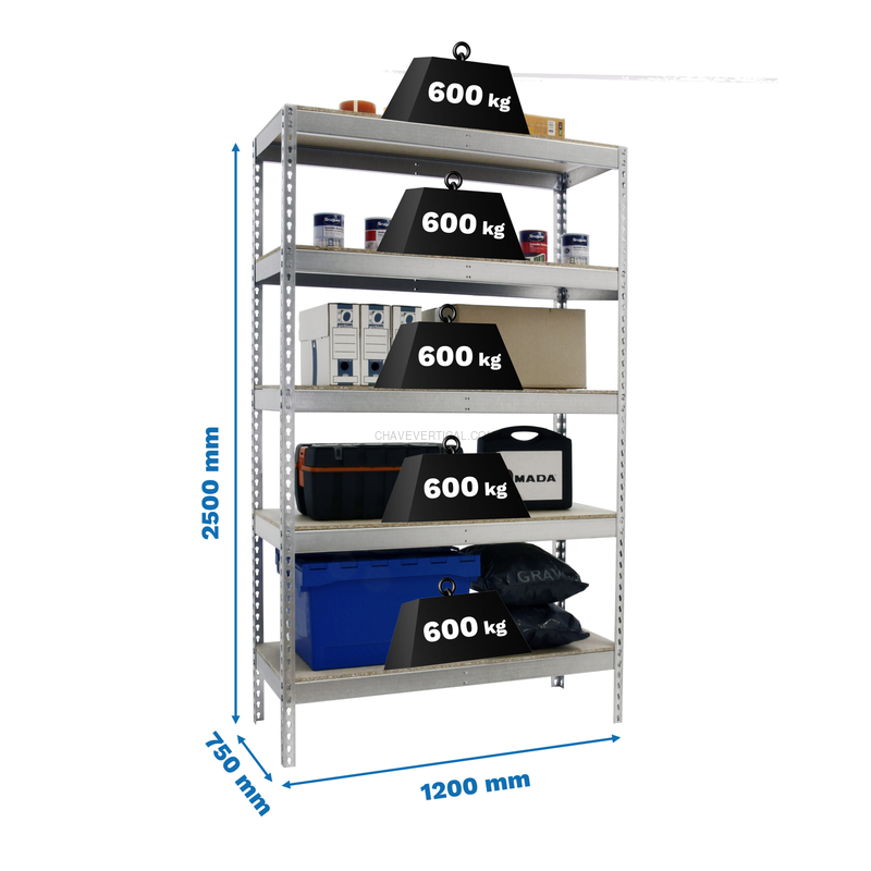 Estante Metálica SIMONFORTE 1207-5 Aglomerado 2500 Galvanizado/Madeira - 2500 x 1200 x 750 mm