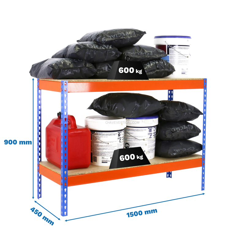 Estante Metálica SIMONFORTE 1504-2 Aglomerado 900 Azul/Laranja/Madeira - 900 x 1500 x 450 mm