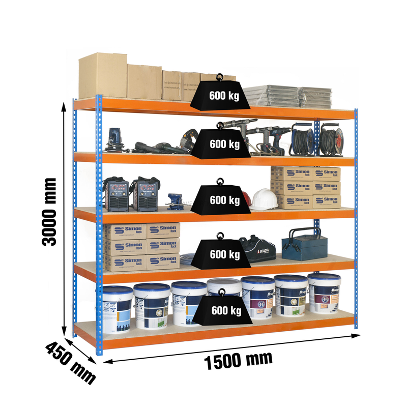 Estante Metálica SIMONFORTE 1504-5 Aglomerado 3000 Azul/Laranja/Madeira - 3000 x 1500 x 450 mm