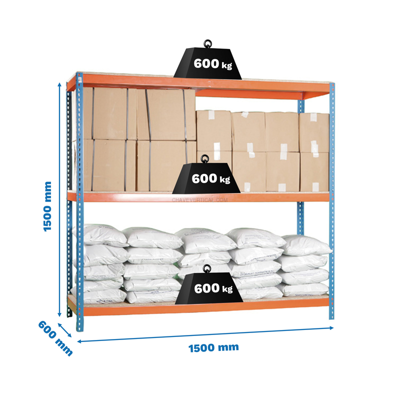 Estante Metálica SIMONFORTE 1506-3 Aglomerado 1500 Azul/Laranja/Madeira - 1500 x 1500 x 600 mm