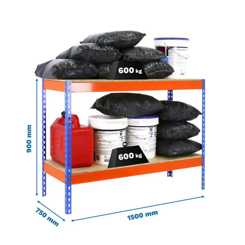Estante Metálica SIMONFORTE 1507-2 Aglomerado 900 AZUL/Laranja/Madeira - 900 x 1500 x 750 mm