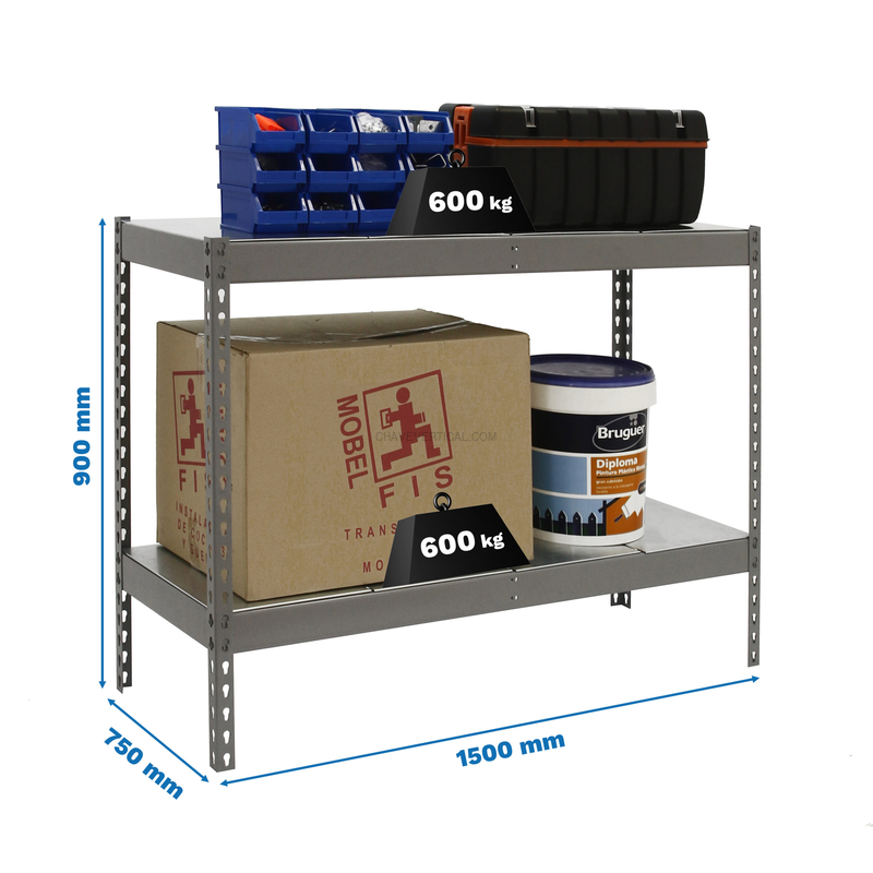 Estante Metálica SIMONFORTE 1507-2 METAL 900 Cinzento/Galvanizado - 900 x 1500 x 750 mm