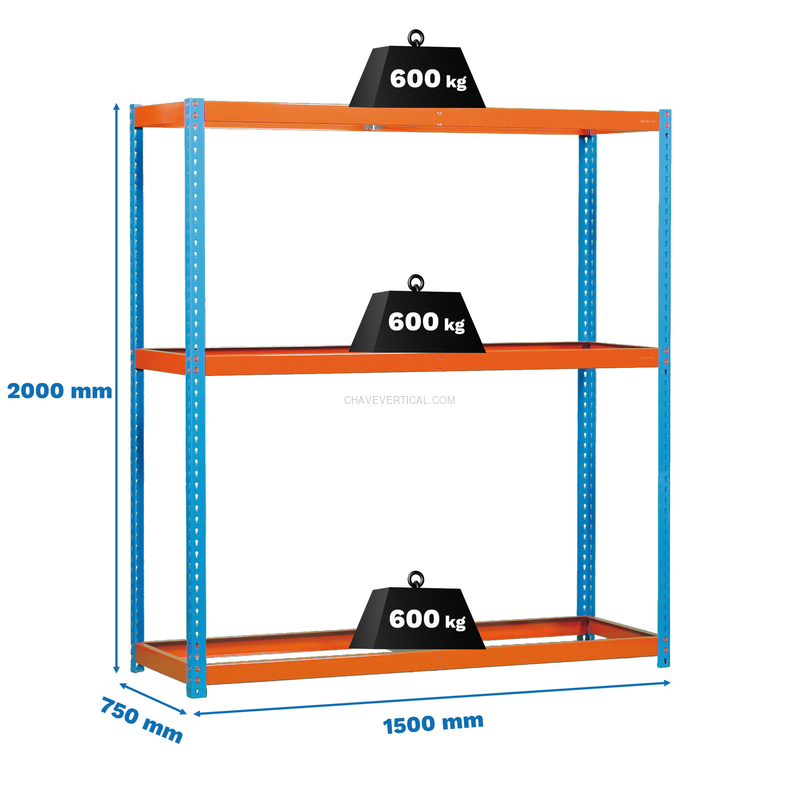Estante Metálica SIMONFORTE 1507-3 AZUL/Laranja - 2000 x 1500 x 750 mm