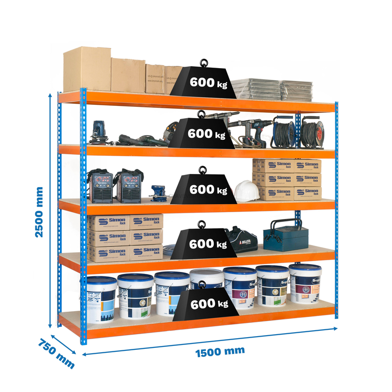 Estante Metálica SIMONFORTE 1507-5 Aglomerado 2500 Azul/Laranja/Madeira - 2500 x 1500 x 750 mm