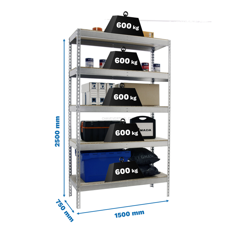Estante Metálica SIMONFORTE 1507-5 Aglomerado 2500 Galvanizado/Madeira - 2500 x 1500 x 750 mm