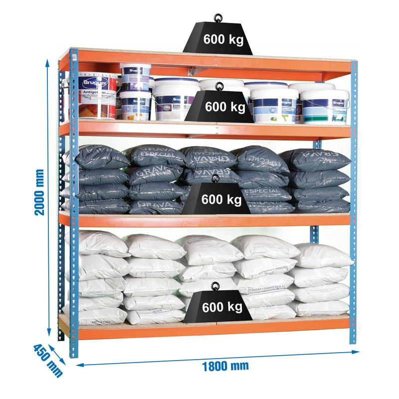 Estante Metálica SIMONFORTE 1804-4 Aglomerado Azul/Laranja/Madeira - 2000 x 1800 x 450 mm