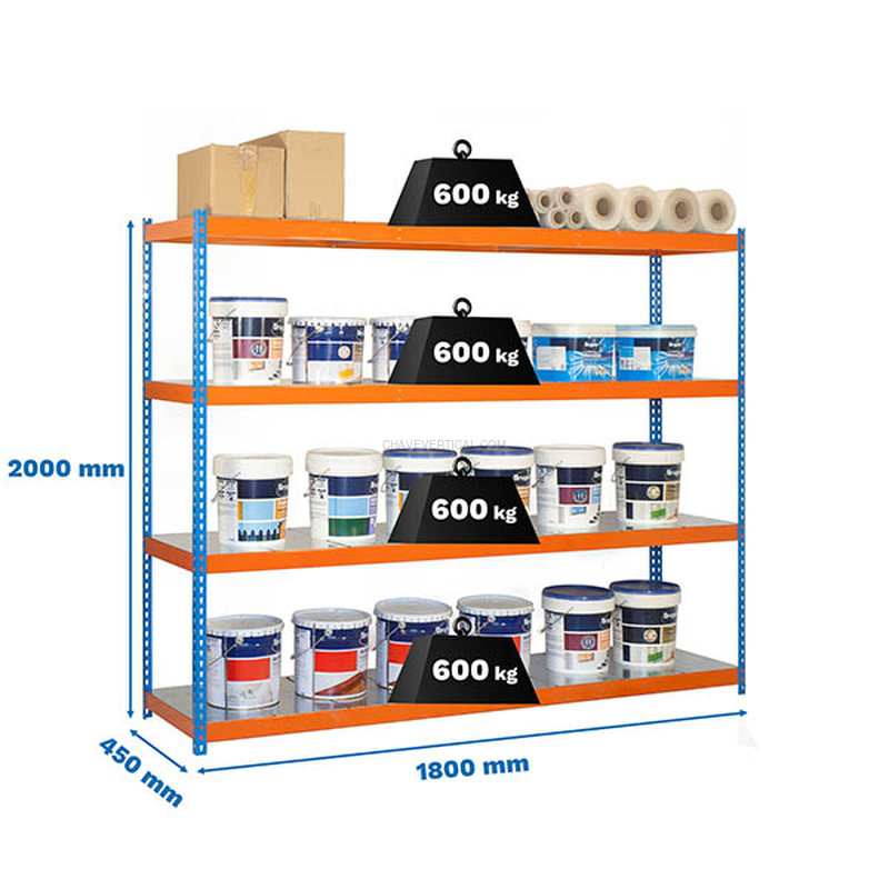 Estante Metálica SIMONFORTE 1804-4 METAL AZUL/Laranja/Galvanizado - 2000 x 1800 x 450 mm