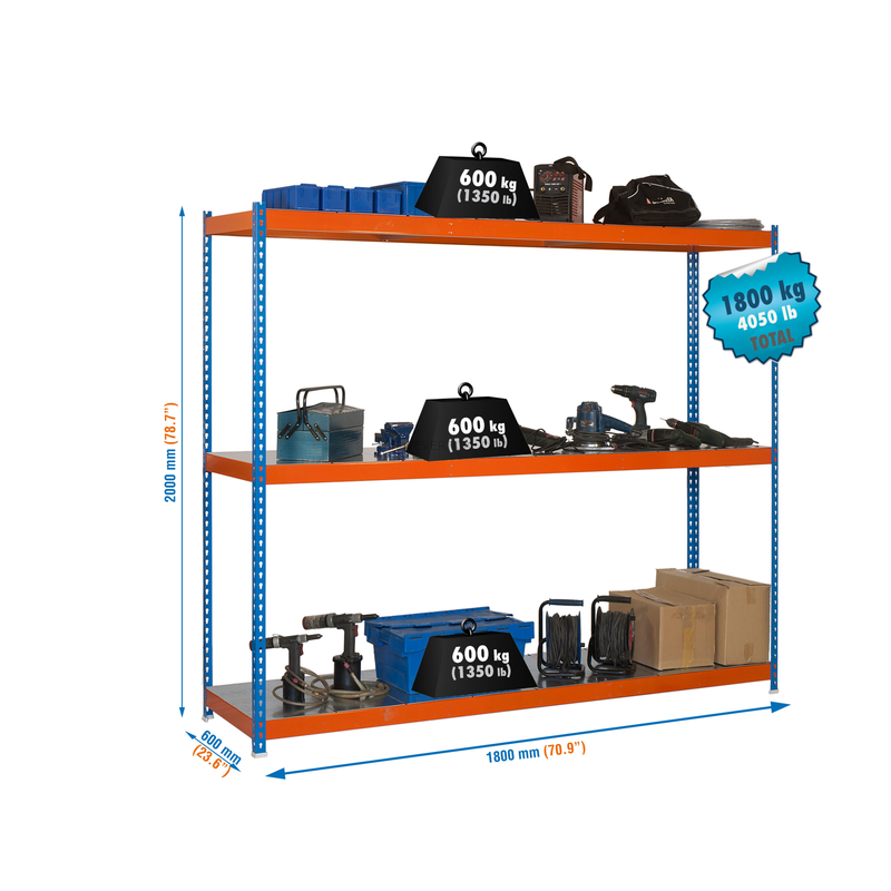 Estante Metálica SIMONFORTE 1806-3 METAL AZUL/Laranja/Galvanizado - 2000 x 1800 x 600 mm