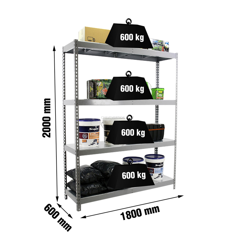 Estante Metálica SIMONFORTE 1806-4 METAL Cinzento/Galvanizado - 2000 x 1800 x 600 mm
