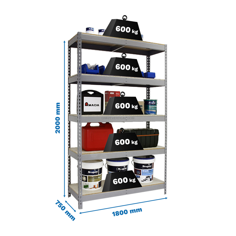 Estante Metálica SIMONFORTE 1807-5 Aglomerado Cinzento/Madeira - 2000 x 1800 x 750 mm