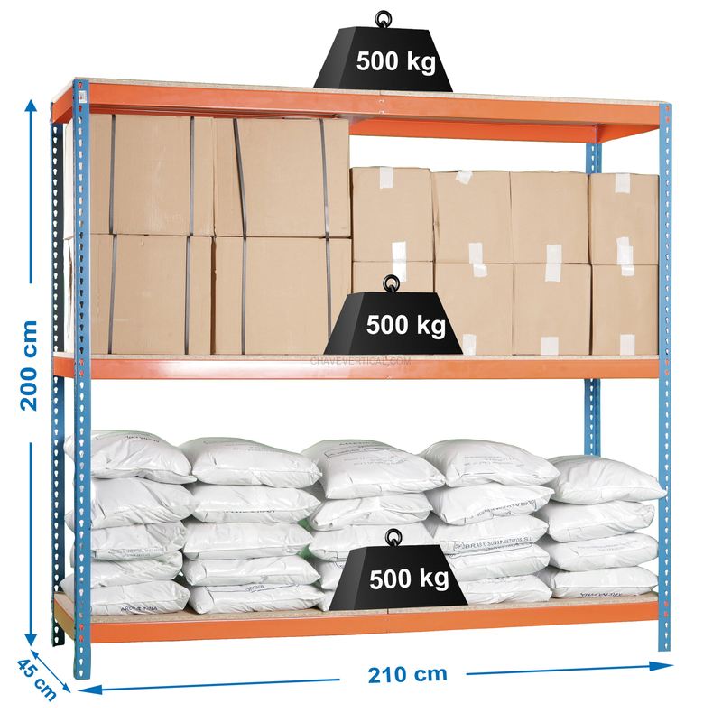 Estante Metálica SIMONFORTE 2104-3 Aglomerado Azul/Laranja/Madeira - 2000 x 2100 x 450 mm